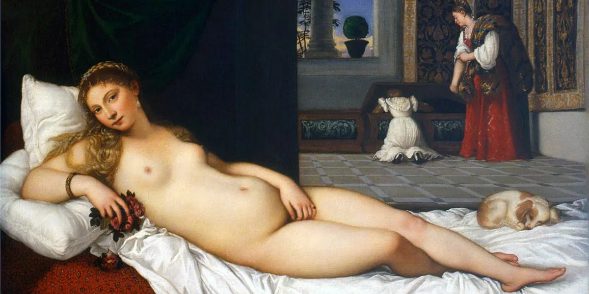 Tiziano (1490–1576), Venere di Urbino, 1538, olio su tela, 119.2 x 165.5 cm, Galleria degli Uffizi. Immagine di dominio pubblico (dettaglio) 