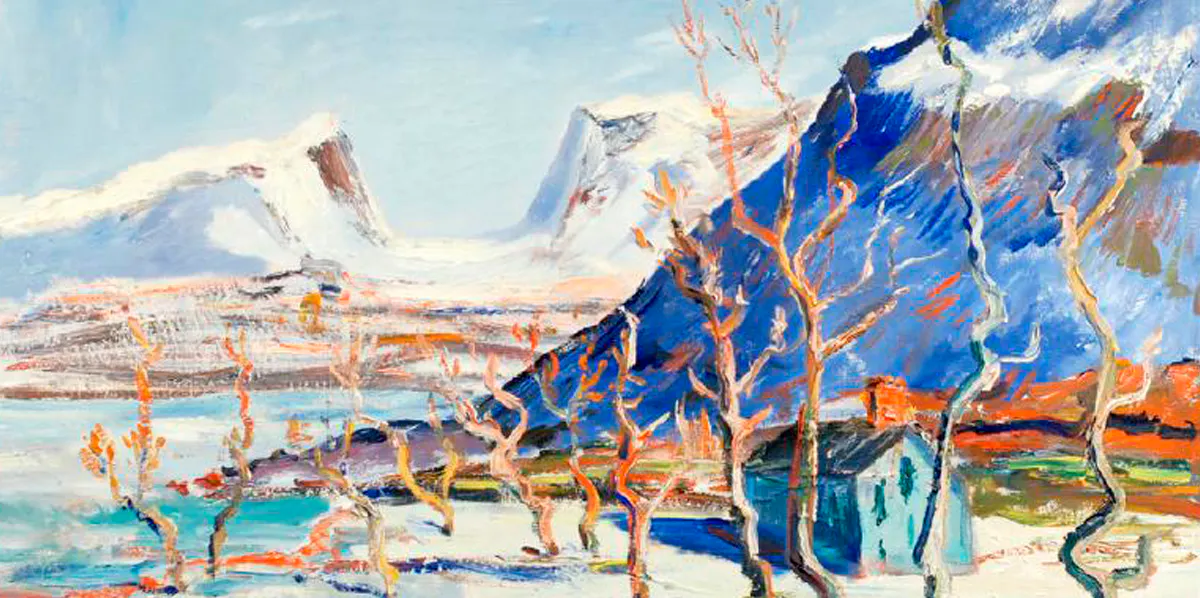 Erik Werken (1898-1947), ’Lapporten’, signerad, olja på duk, 60 x 74 cm (detalj). Foto: Kanonauktioner