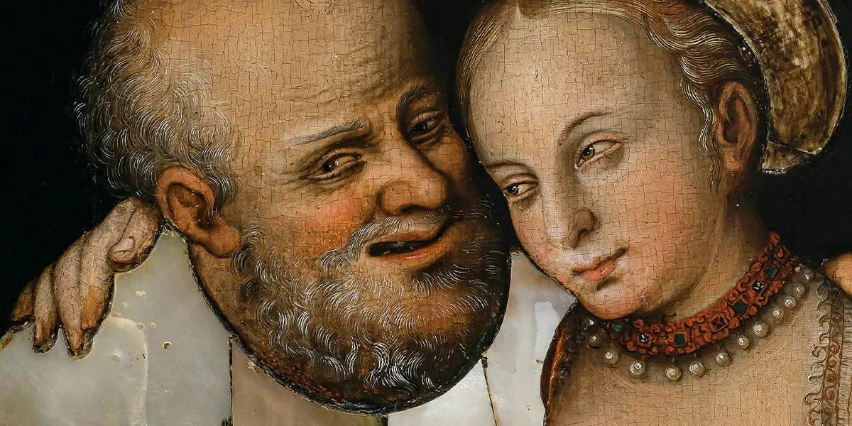 Lucas Cranach d. Ä. (1472 Kronach - 1553 Weimar), Der verliebte Alte, Öl und Perlmuttplättchen auf Holz, 42,5 x 26,3 cm. Foto © Neumeister (Detail)