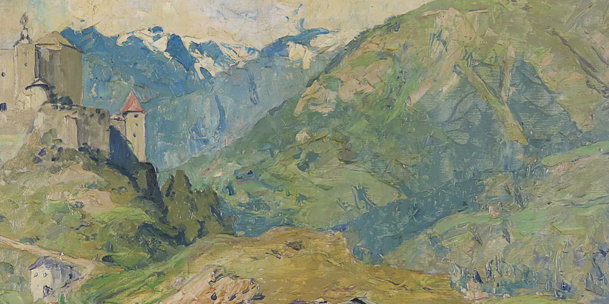 Eugen Bracht (1842 Morges - 1921 Darmstadt), Dorf Sparsels unter Schloß Tarasp, 1913, signiert und datiert, Öl/Lwd., ca. 67 x 86 cm. Foto © Auktionshaus Franke (Detail)