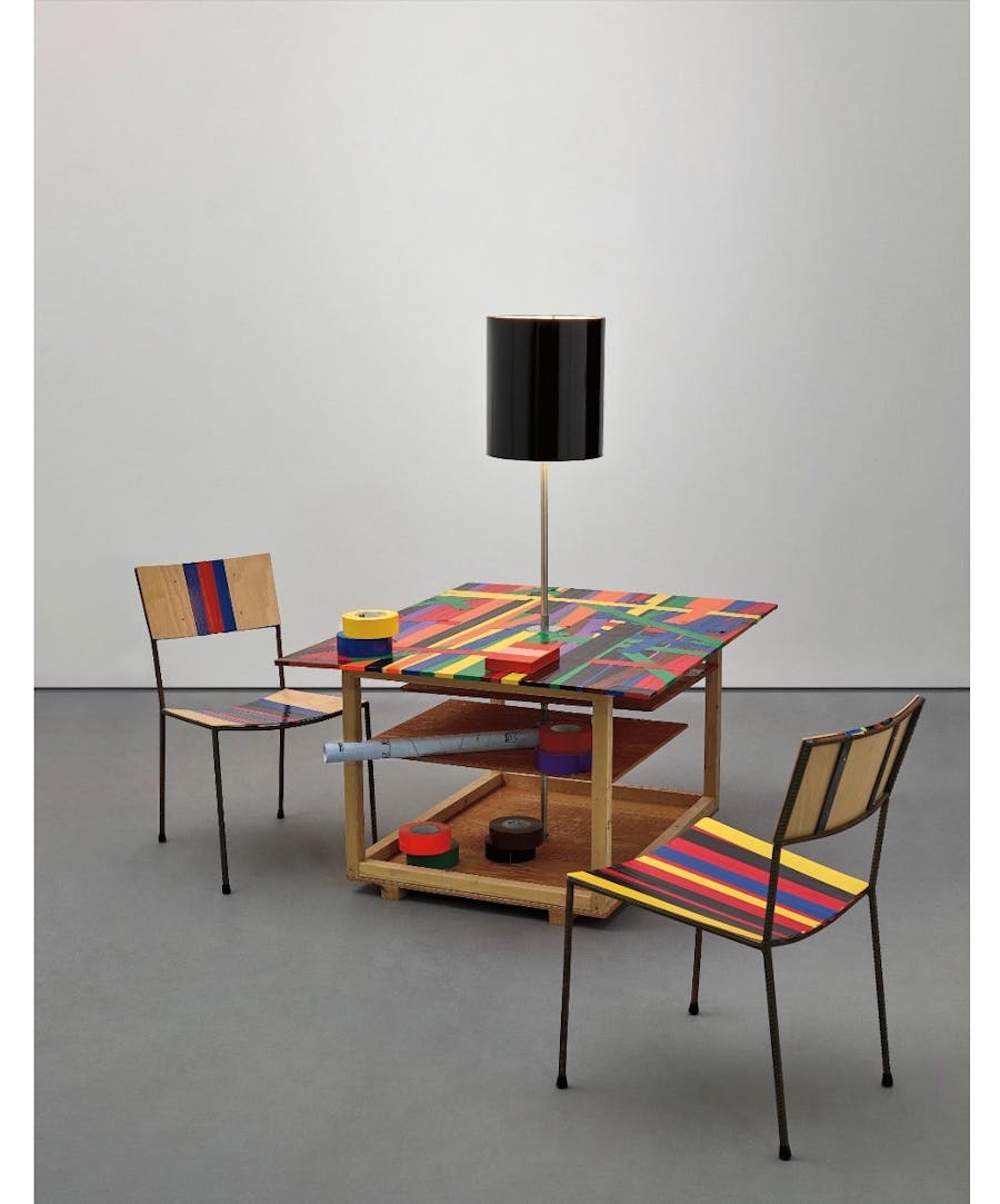 Franz West, Creativity: Furniture Reversal, 2 chairs, table, lamp, various coloured fabric tapes, DVD, and videocassette. Photo © PHILLIPS