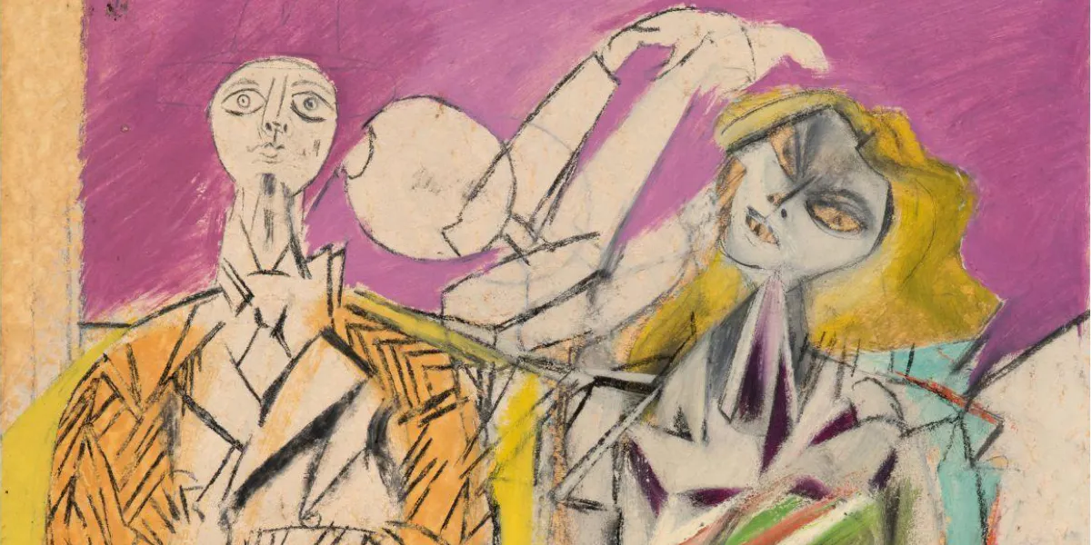 Willem de Kooning (1904-1997), 'Untitled (Man and Woman)', ca 1947-1948, olja, emalj, grafit och träkol på papper monterat på pannå; signerad nere till vänster, 54,5 x 42,5 cm. Foto © Tajan (detalj)