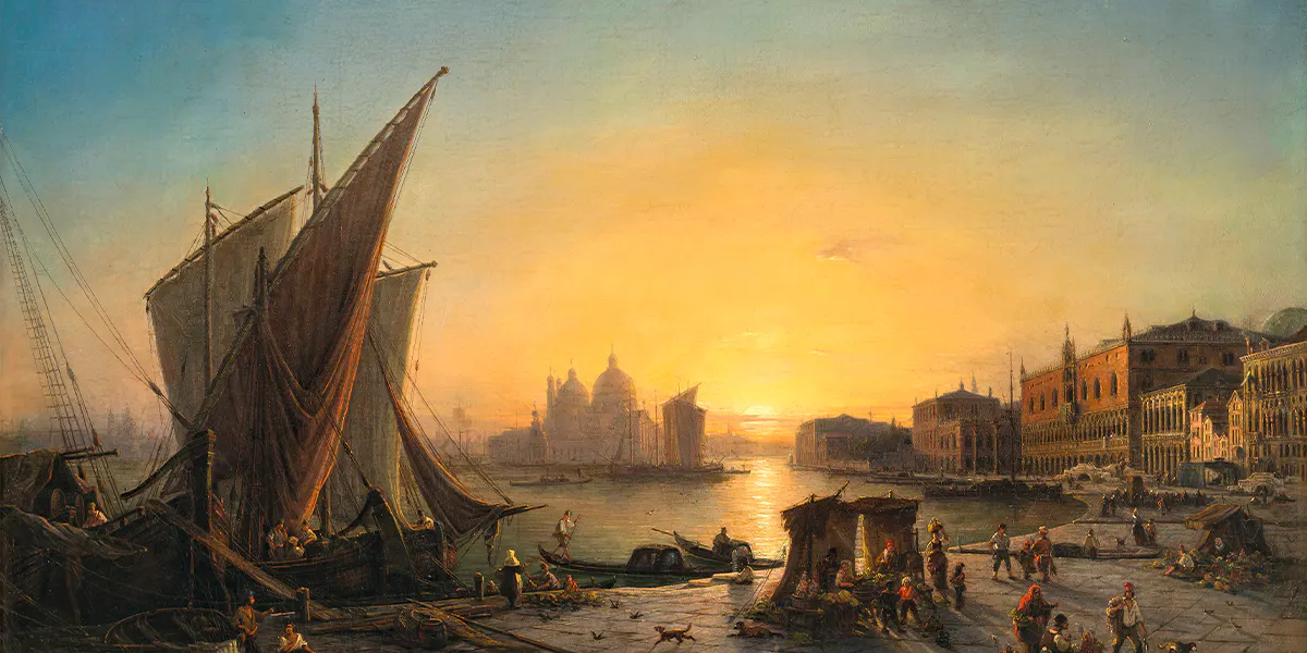 Ludwig (Louis) Mecklenburg (1820 Hamburg - 1882 München), Venedig - Blick auf Santa Maria della Salute im Abendlicht, 1849, Öl/Lwd., signiert und datiert, 72 x 100 cm. Foto © Neumeister (Detail)