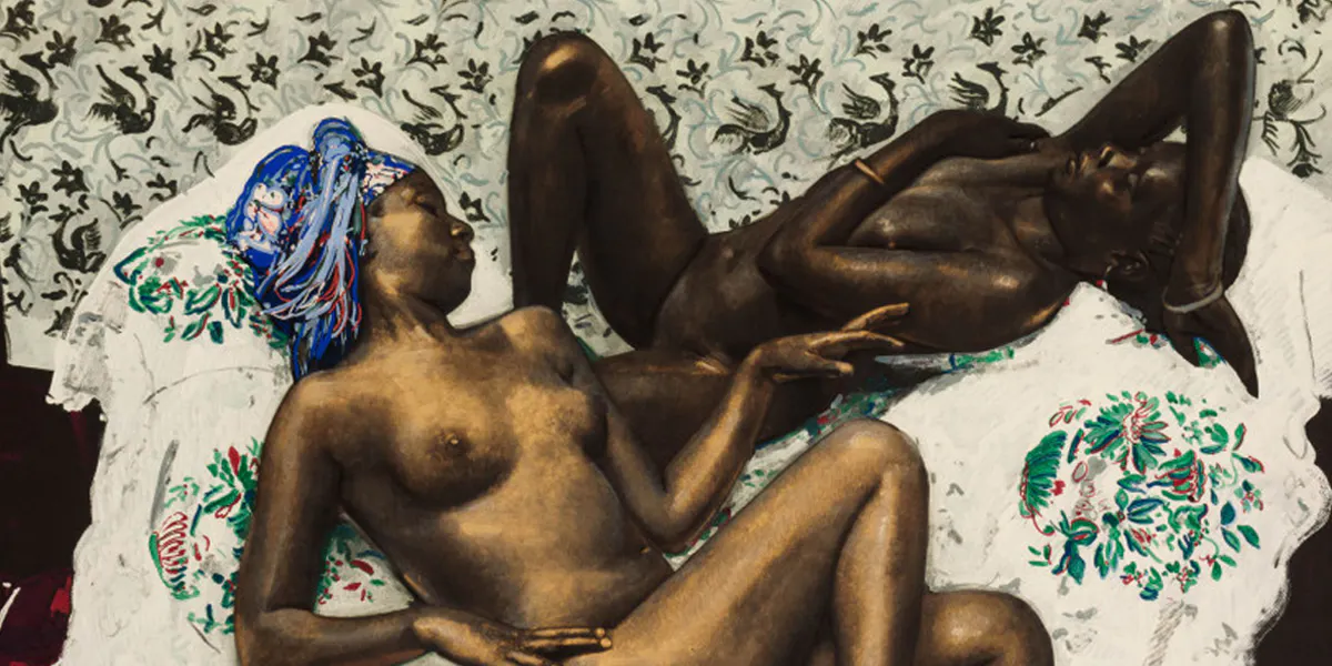 Jacques Majorelle (1886-1962), Les amies endormies, vers 1933-1934, détrempe, technique mixte sur papier noir
contrecollé sur panneau d'Isorel à rehauts de poudre métallique or. Photo © Artcurial (détail)