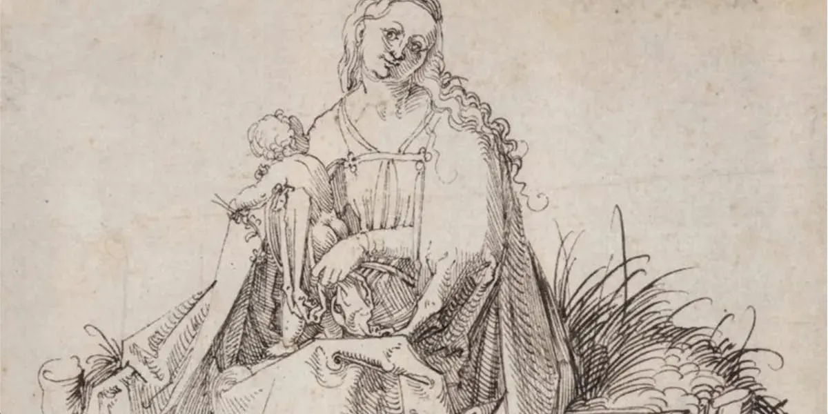 Albrecht Dürer (1471-1528), ‘The Virgin and the Christ Child with a Flower on a grassy Bench’, probably 1503, pen drawing on fine linen paper, monogrammed, 16.2 x 16.4 cm (detail). Photo © Agnews Gallery