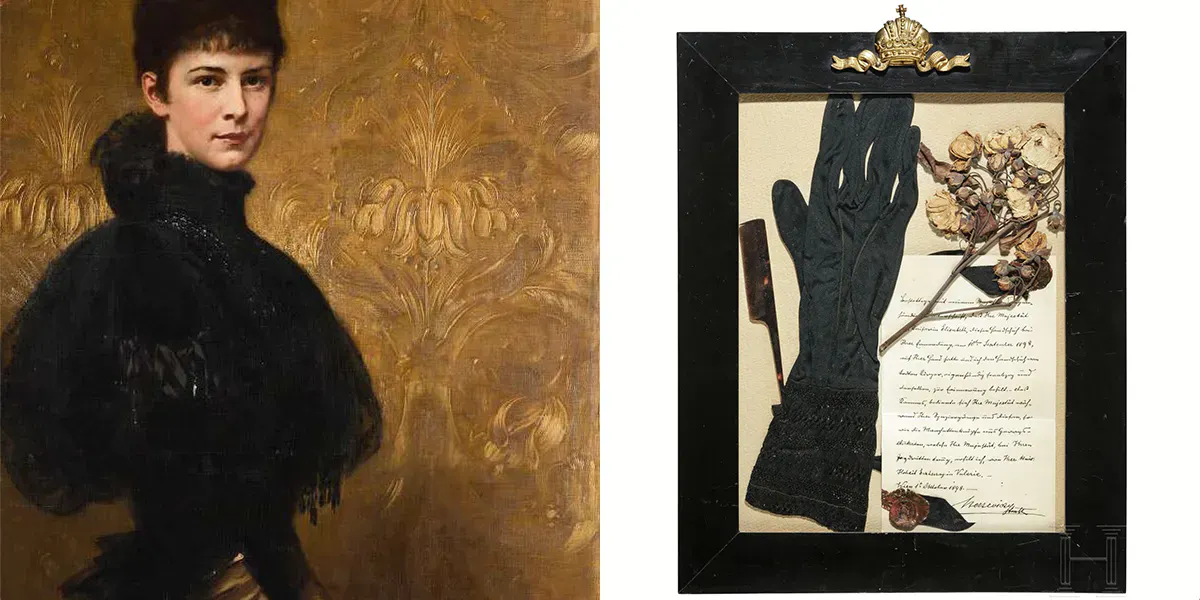 A sinistra: Gyula Benczúr, Ritratto di Elisabetta d'Austria-Ungheria, 1899, olio su tela, 142 x 95,5 cm, Galleria nazionale ungherese, Budapest. Foto di pubblico dominio (dettaglio) | A destra: il guanto di seta nera (mano destra) con polsino in pizzo, indossato il giorno del suo assassinio a Ginevra il 10 settembre 1898. Foto © Hermann Historica GmbH 