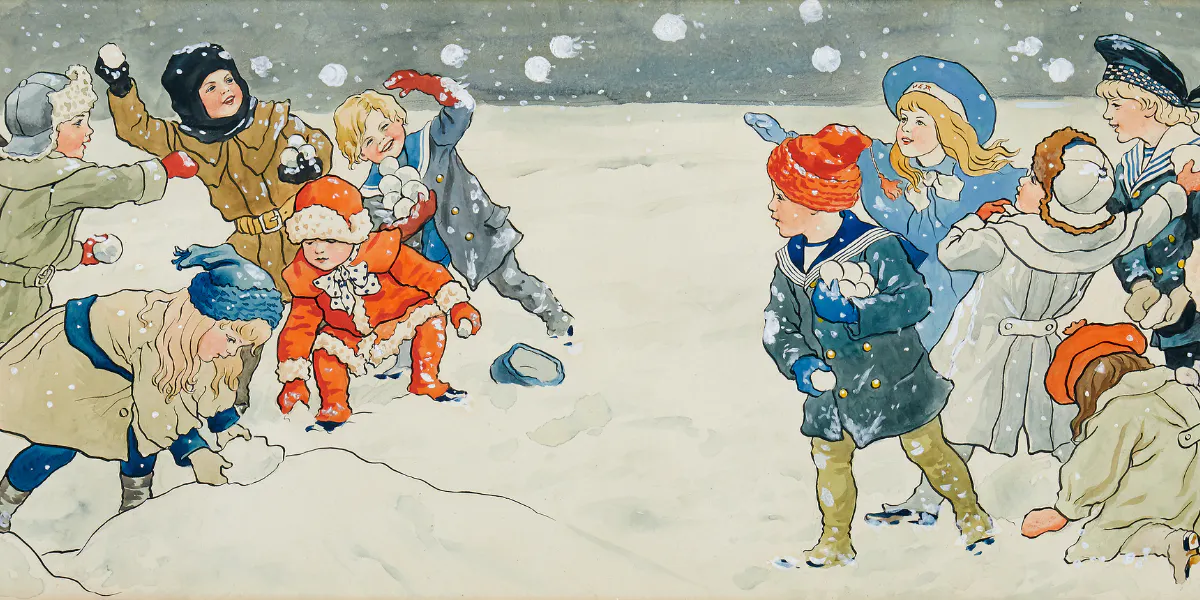 Jenny Nyström, "Snöbollskriget", Aquarell mit Deckweiß auf Papier, 29 x 72 cm. Foto © Uppsala Auktionskammare (Detail)