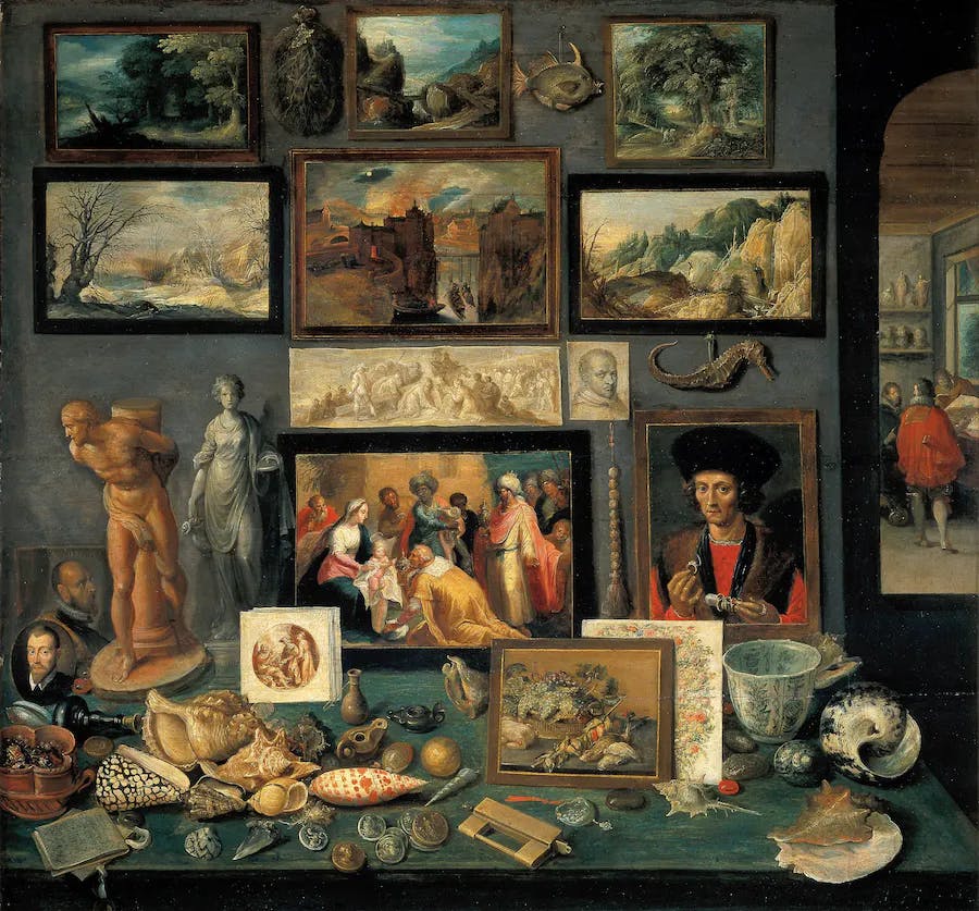 A corner of a showcase, painted by Frans II Francken in 1636, reveals the range of knowledge of a virtuoso of the Baroque era. Public domain image