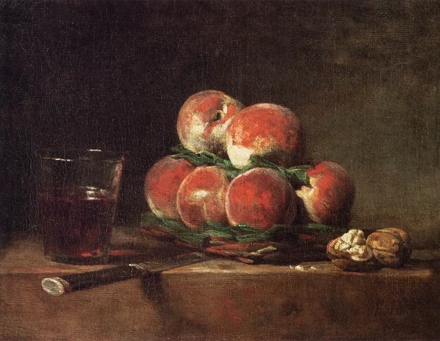 Jean Siméon Chardin (1669-1779), A basket of peaches, with nuts, knife and glass of wine, 1768, Louvre Museum. Public domain image