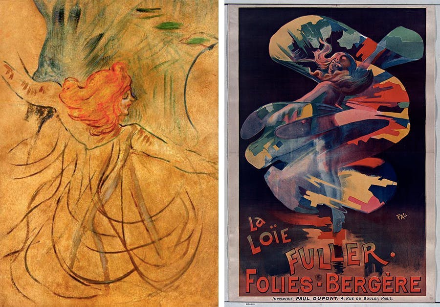 Gauche : Henri de Toulouse-Lautrec, Loïe Fuller, 1892 / Droite : Jean de Paleologu, Loïe Fuller dans les Folies Bergères, 1897, images CCØ