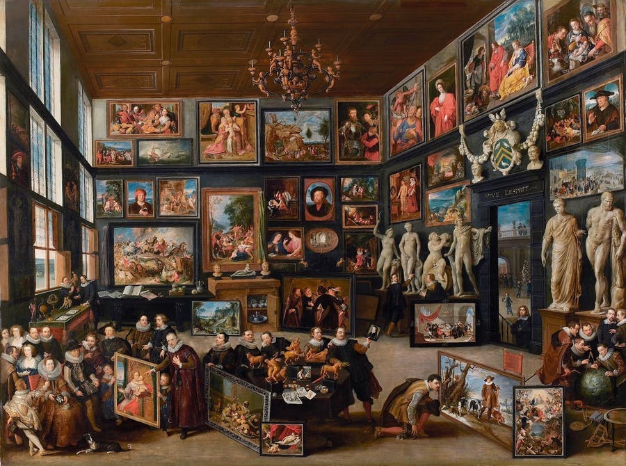 Willem van Haecht, “The Gallery of Cornelis van der Geest”. Peter Paul Rubens is pictured below on the left. Image: Wikimedia Commons