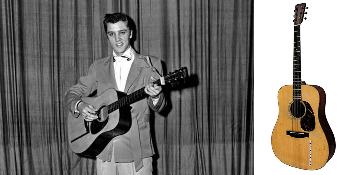 Left: Elvis Presley plays his 1942 Martin D-18 Guitar. Right: the guitar has sold at auction at Gotta Have Rock and Roll. Photos © Gotta Have Rock and Roll