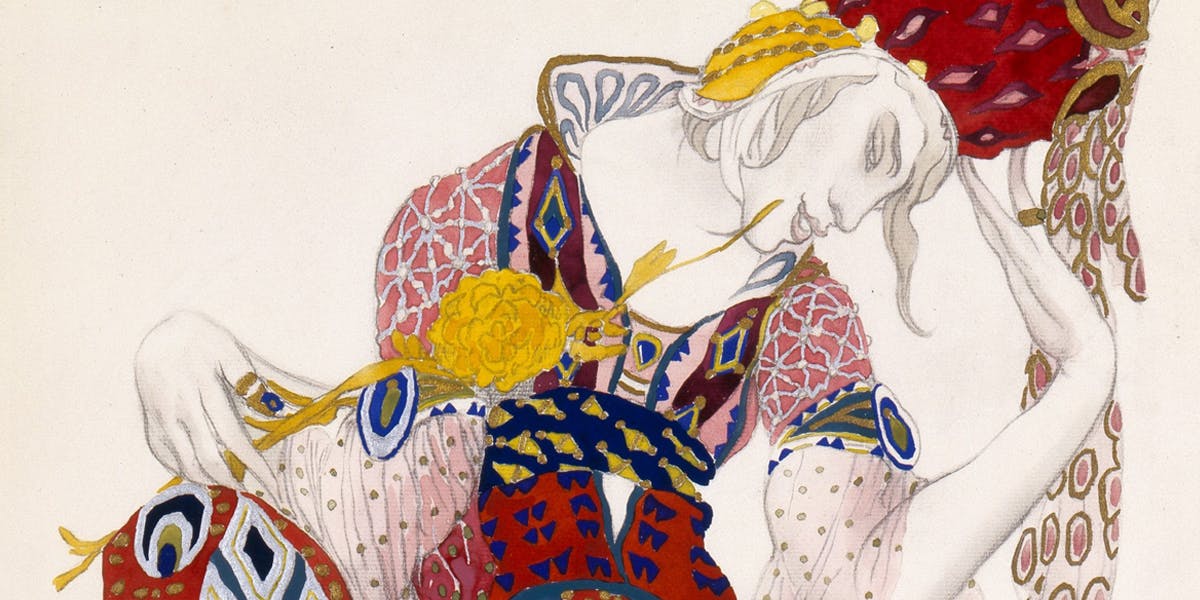 Léon Bakst (1866-1924), Studio di costumi per Nijinsky nel ruolo di Iskender nel balletto "La Péri", 1922, acquarello e colori oro e argento su grafite (particolare). Foto di pubblico dominio