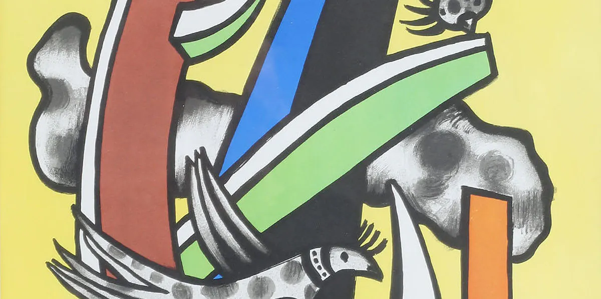 Fernand Leger, utställningsaffisch, färglitografi, 'MUSÉE DES ARTS DÉCORATIES PALAIS DU LOUVRE-PAVILLON DE MARSAN 107 RUE DE RIVOLO JUIN-OCTOBRE 1956' (detalj). Foto: Auktionskammaren i Vätterbygden
