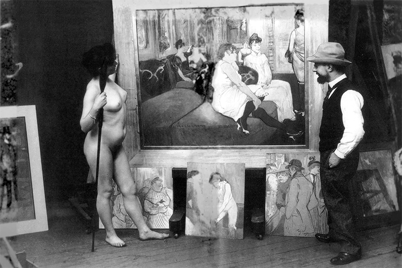 Photograph by Maurice Guibert (1856-1913), probably conceived by Toulouse-Lautrec, depicting the painter and a model naked in front of the finished work. Photo public