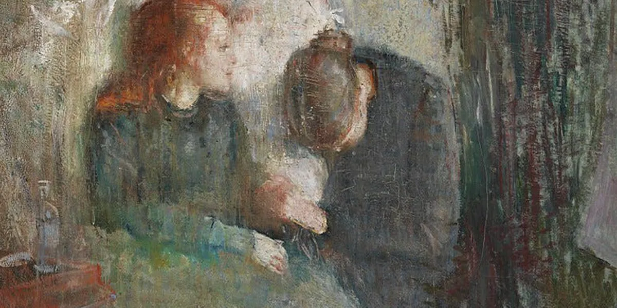 Edvard Munch (1863-1944), The Sick Child, 1885/86, oil on canvas, Norwegian National Gallery, Oslo. With the painting, Munch came to terms with tuberculosis and the early death of his sister Sophie. The work became his breakthrough, albeit less in terms of popularity (in fact, Munch received much malice and rejection for the chosen style) than for his personal development as an artist. Photo in the public domain (detail)