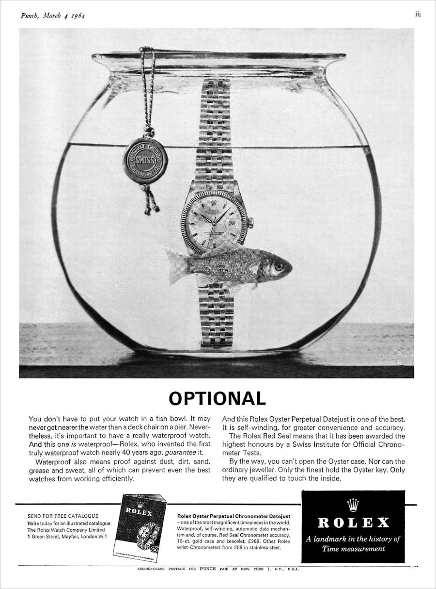Pubblicità per Rolex Oyster Perpetual Datejust, marzo 1964, foto © Rolex Magazine