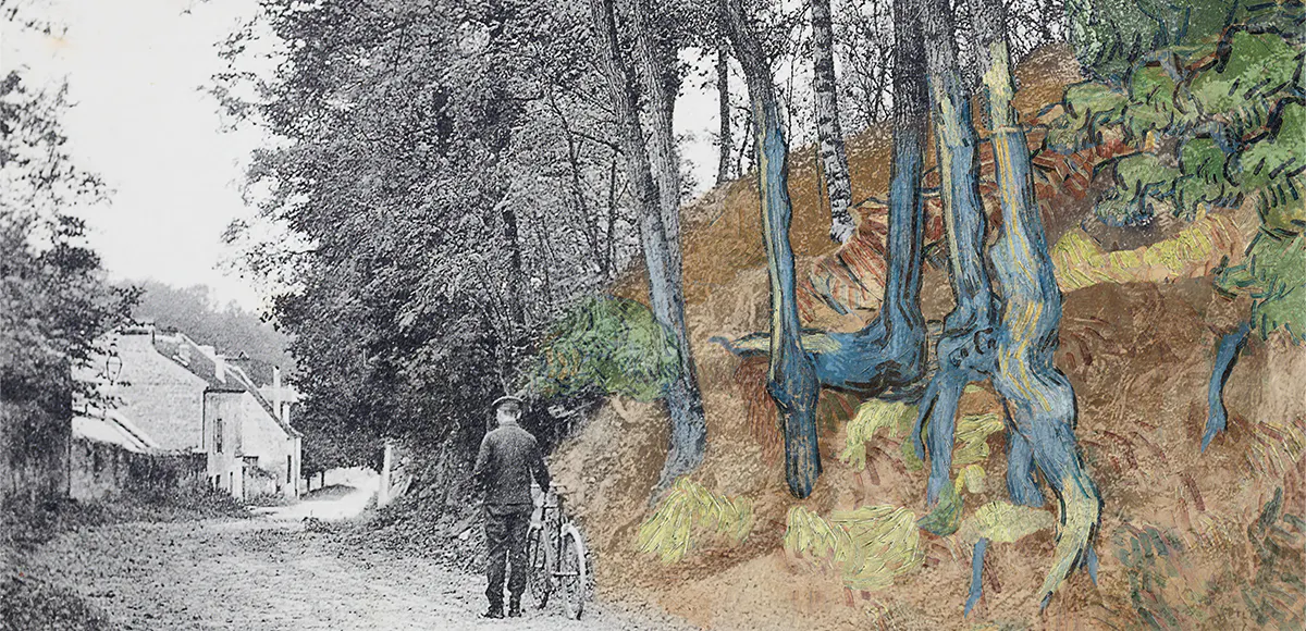 Postkarte "rue Daubigny, Auvers-sur-Oise" bedeckt mit dem Gemälde "Baumwurzeln" (1890) von van Gogh | Foto: © arthénon (Detail)
