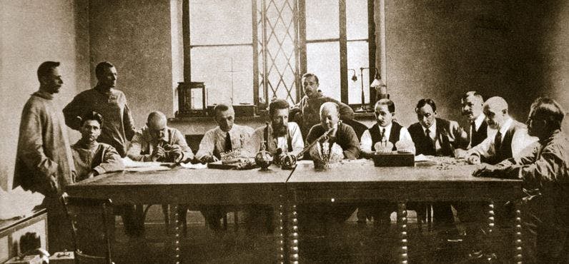 Soviets examining the Fabergé eggs in the 1920s. Image: Hoosier State Chronicles