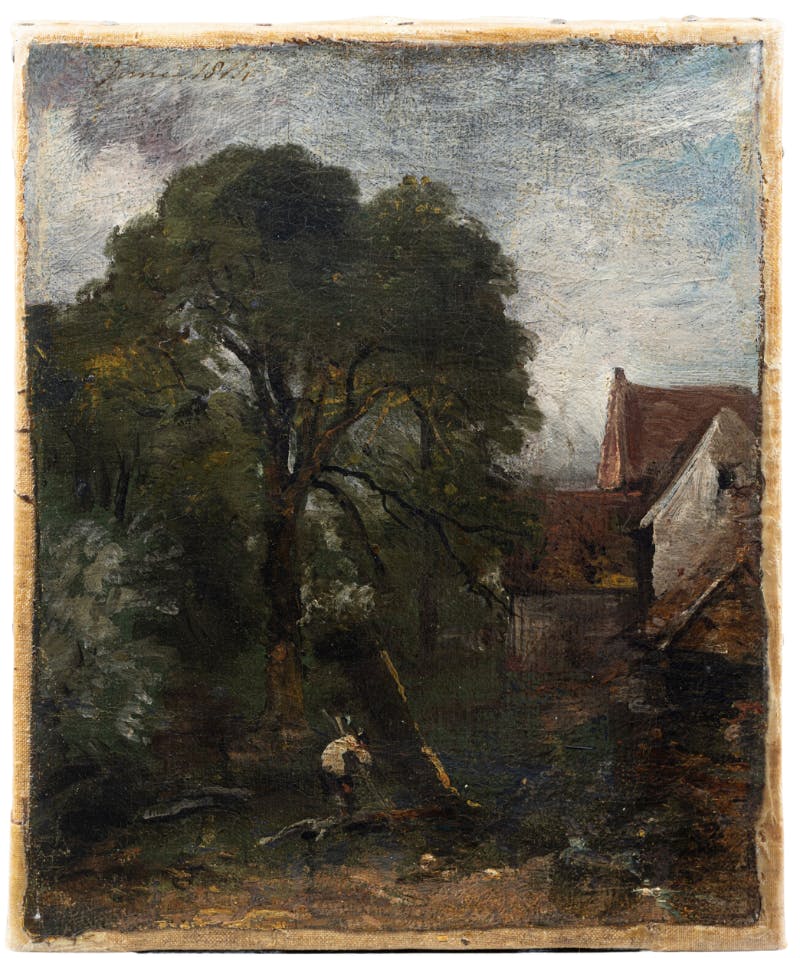 John Constable RA (English, 1776-1837), View of the back of Willy Lott's House with Log-cutter, 1814, oil on canvas laid on canvas,  11 ½ x 9 5/8in. Photo © Martel Maides Auctions