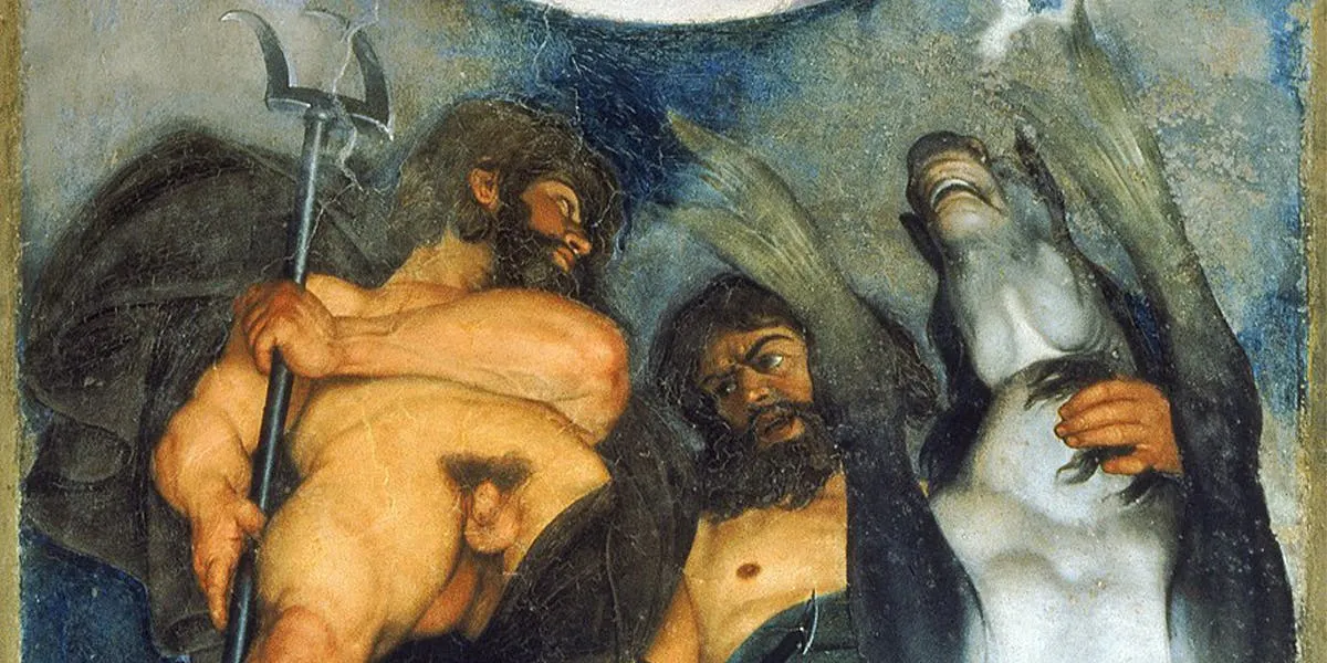 Caravaggio (1571-1610), 'Jupiter, Neptune och Pluto', ca 1597-1600, fresk, 180 x 300 cm, Casino Boncompagni Ludovisi (Villa Aurora), Rom (detalj). Foto public domain