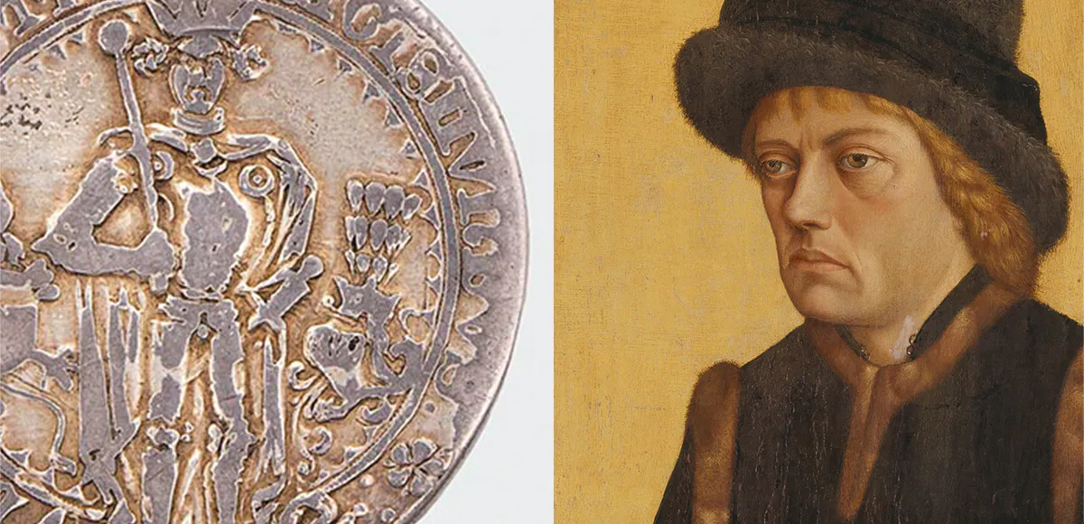 Links: Römisch-Deutsches Reich, Tirol/Österreich, Erzherzog Sigismund (1439-1490), Guldiner 1486, Hall | Foto: © Wormser Auktionshaus (Detail) || Rechts: Erzherzog Sigismund der Münzreiche von Tirol | Foto via Wikipedia (Detail)