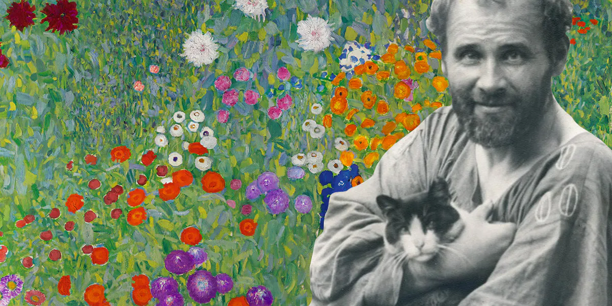 Collage: Gustav Klimt mit einer seiner Katzen, fotografiert von Moriz Nähr, 1910. Foto gemeinfrei (Detail). Gustav Klimt, Bauerngarten, 1905-07, Öl/Lwd., 110 x 110 cm. Das Gemälde wurde 2017 bei Sotheby's für 54,4 Millionen Euro verkauft. Foto gemeinfrei (Detail) 