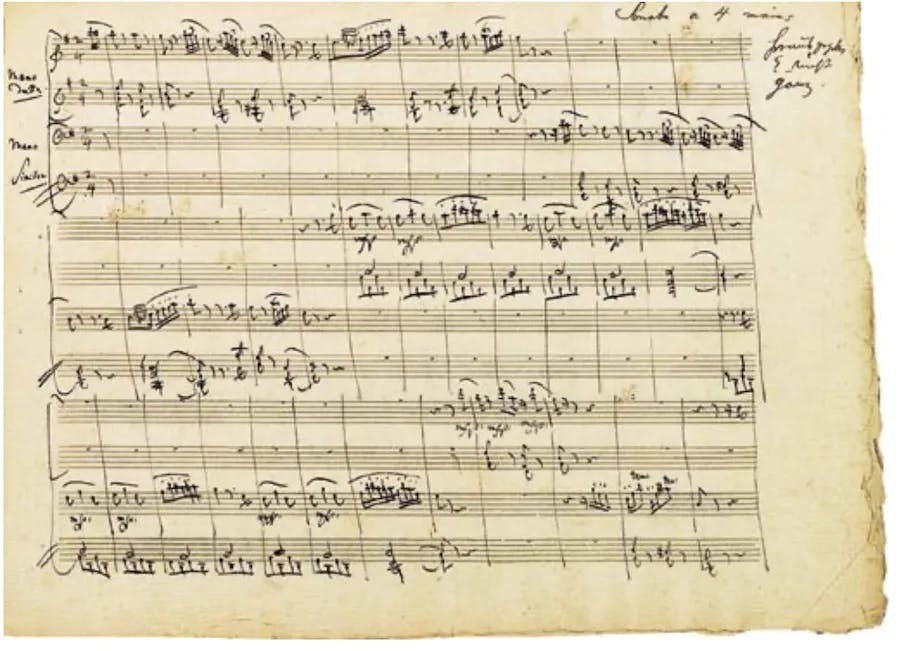 Wolfgang Amadeus Mozart (1756-1791), manuscript, working draft of an unfinished movement in G major for piano four hands, K.357/500a, np [Vienna], n.d. [1791], termination after 161 bars in 2/4- tact. Photo © Christie's
