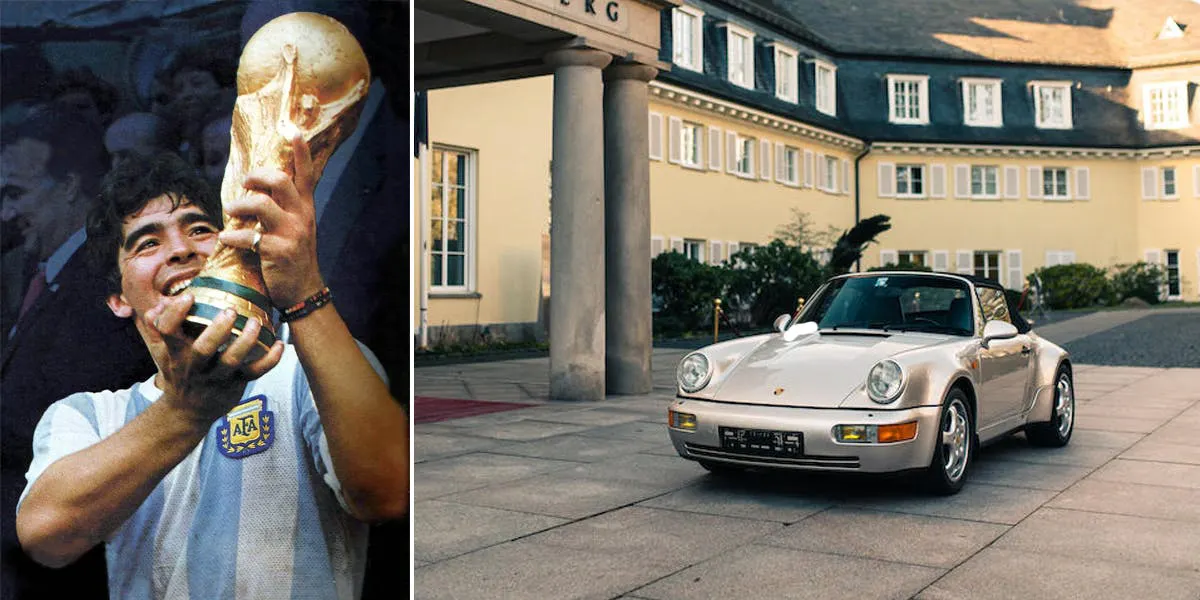 A sinistra: Diego Armando Maradona ai Mondiali dopo la finale contro la Germania Ovest, 29 giugno 1986 | Foto: CØO || A destra: Porsche 911 Carrera 2 Tipo 964 "Works Turbo Look" Cabriolet del 1992; il suo primo proprietario è stato Maradona | Foto: © Bonhams
