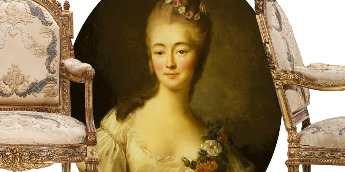 Collage: François-Hubert Drouais (1727-1775), Comtesse du Barry en Flora, 1769, olio/dipinto, 70,5 x 58 cm, Castello di Versailles. Foto di pubblico dominio (dettaglio). Due poltrone tardo Luigi XV di Louis Delanois, intagliate da Joseph-Nicolas Guichard e dipinte da Jean-Baptiste Cagny, in noce dorato, 1770/71 circa. Foto © Christie's (dettagli)