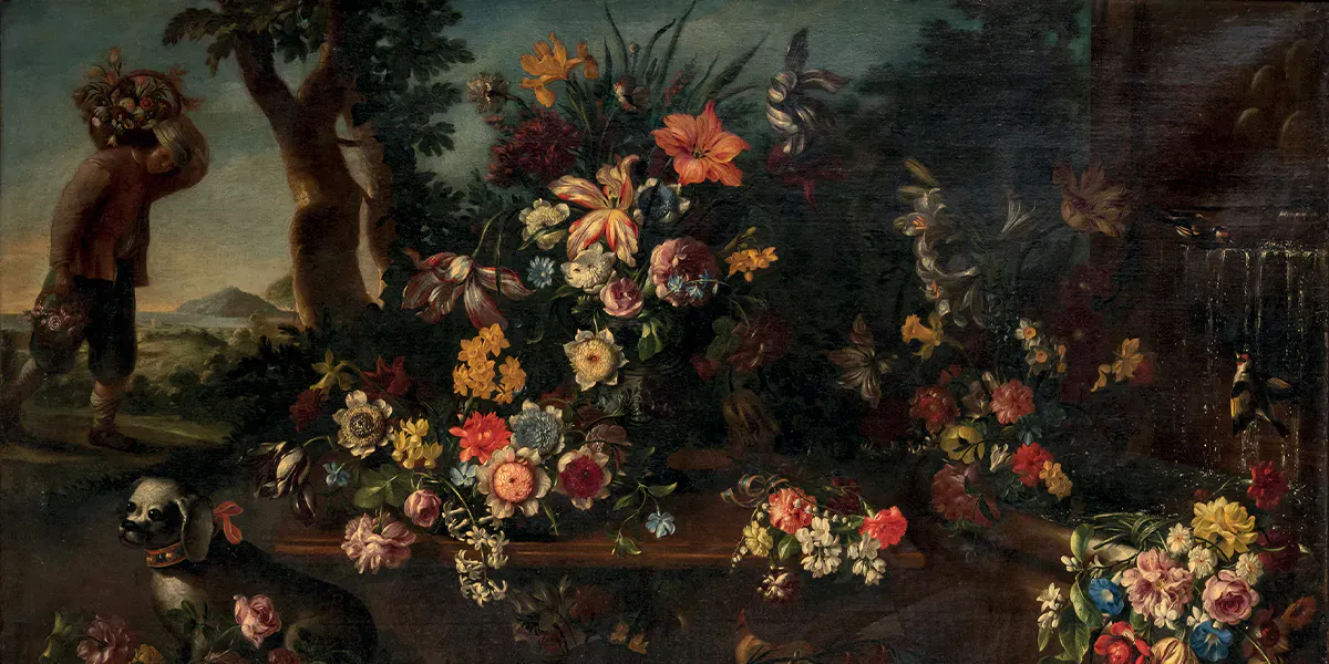 Giovanni Stanchi (1608-1675), ‘Garden with Flowers, Fountain and Figure’, oil on canvas, 122 x 173 cm (detail). Photo © Wannenes 
