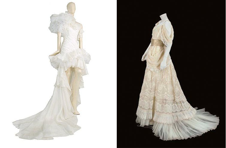 Vänster: brudklänning av Ungaro Couture, 1988. Foto © Doyle. Höger: brudklänning av Christian Lacroix, 1995. Foto © Christie's