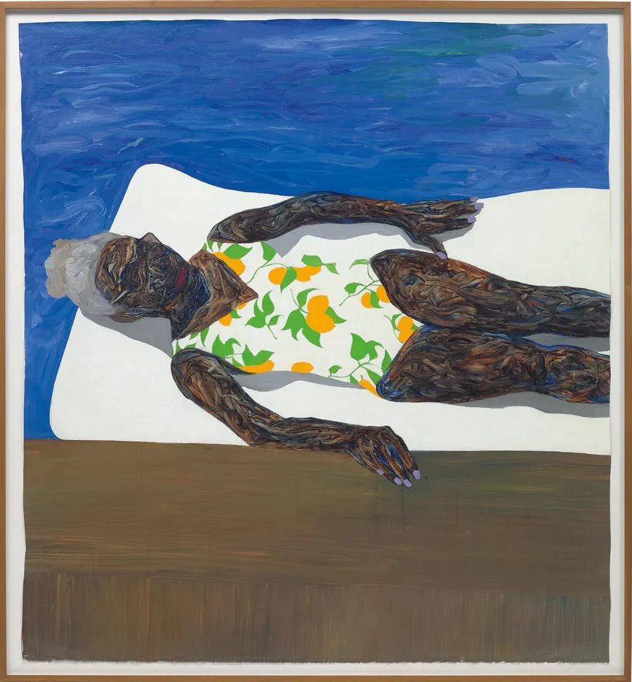 Amoako Boafo, 'The Lemon Bathing Suit', oil on canvas unframed, 205.7 x 193 cm, 2019. Photo © Amoako Boafo / Phillips