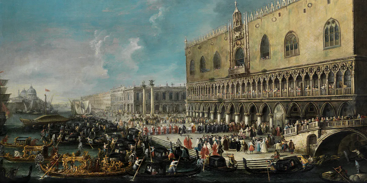 Antonio Stom (um 1688 - 1734 Venedig), Venedig - Der Empfang des päpstlichen Nuntius Carlo Gaetano Stampa vor dem Dogenpalast 1721, Öl/Lwd., 134 x 226,5 cm. Foto © Hampel (Detail)