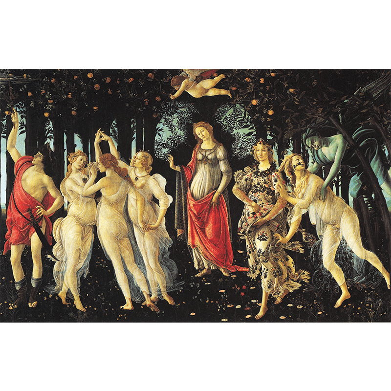 Sandro Botticelli (1445-1510), Primavera (Spring), about 1480, tempera on wood, 207 x 319 cm, Uffizi Gallery, Florence. Public domain image