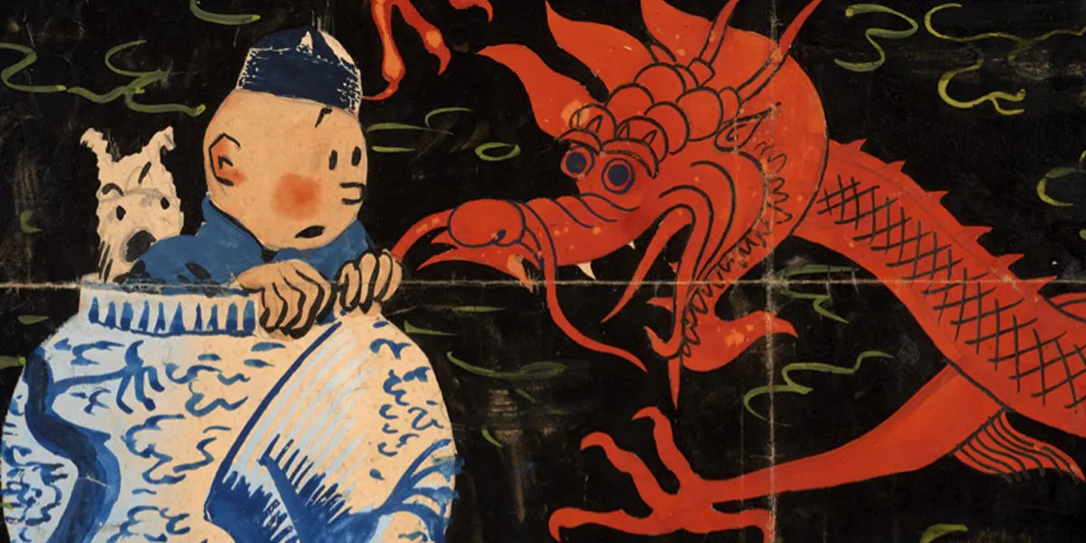 Hergé, Le Lotus Bleu (detail), India ink, watercolor and gouache on paper, for the initial cover of the album Le Lotus Bleu (1936). Image © Artcurial / Hergé / Moulinsart 2020