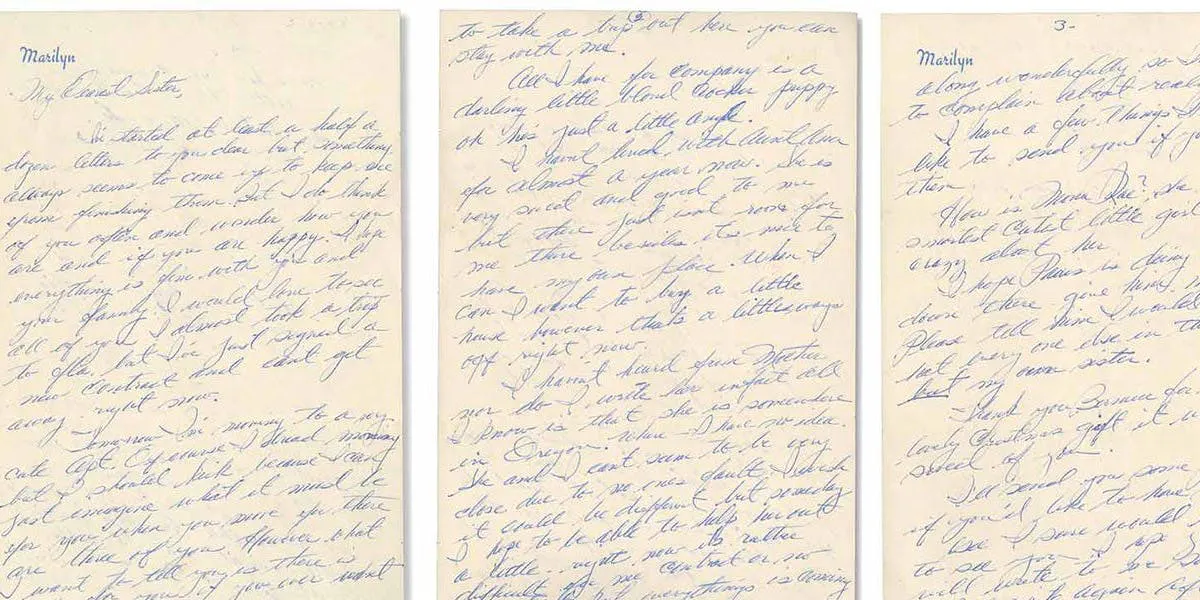Handgeschriebener Brief von Marilyn Monroe an ihre Halbschwester Berniece mit Briefumschlag, ca. 1948 | Foto: © SCP Auctions (Detail)