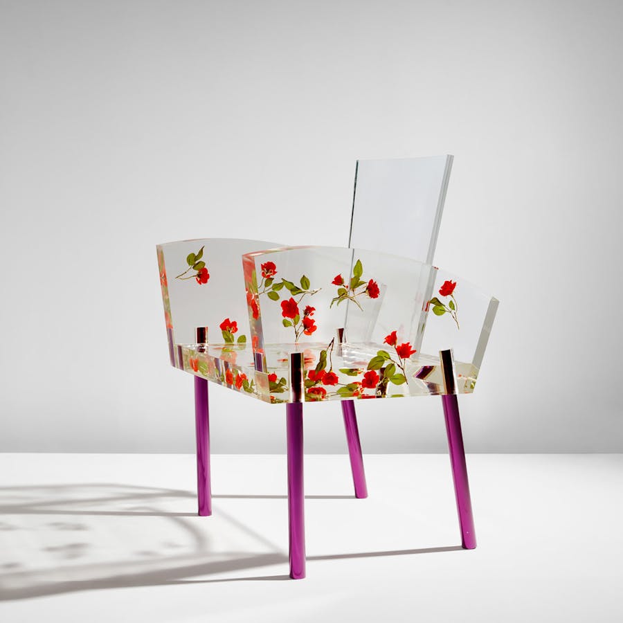 Shiro Kuramata (1934-1991), ‘Miss Blanche’ chair (1988), acrylic resin, synthetic roses, anodized aluminium. Manufactured by Ishimaru Co., Tokyo, Japan. Photo © Phillips
