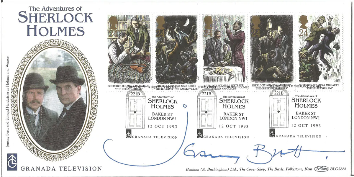 Sherlock Holmes Actor Jeremy Brett signed FDC. Photo © Chaucer Auctions