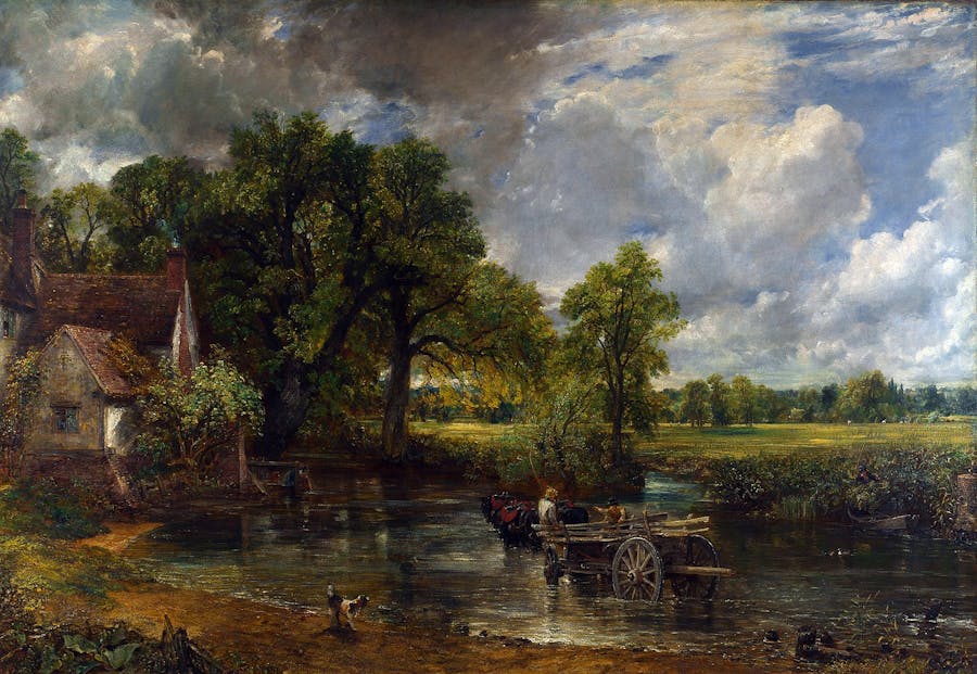 John Constable RA (English, 1776-1837), The Hay Wain, 1821, oil on canvas, 51+1⁄4 in × 73 in, National Gallery, London. Public domain image