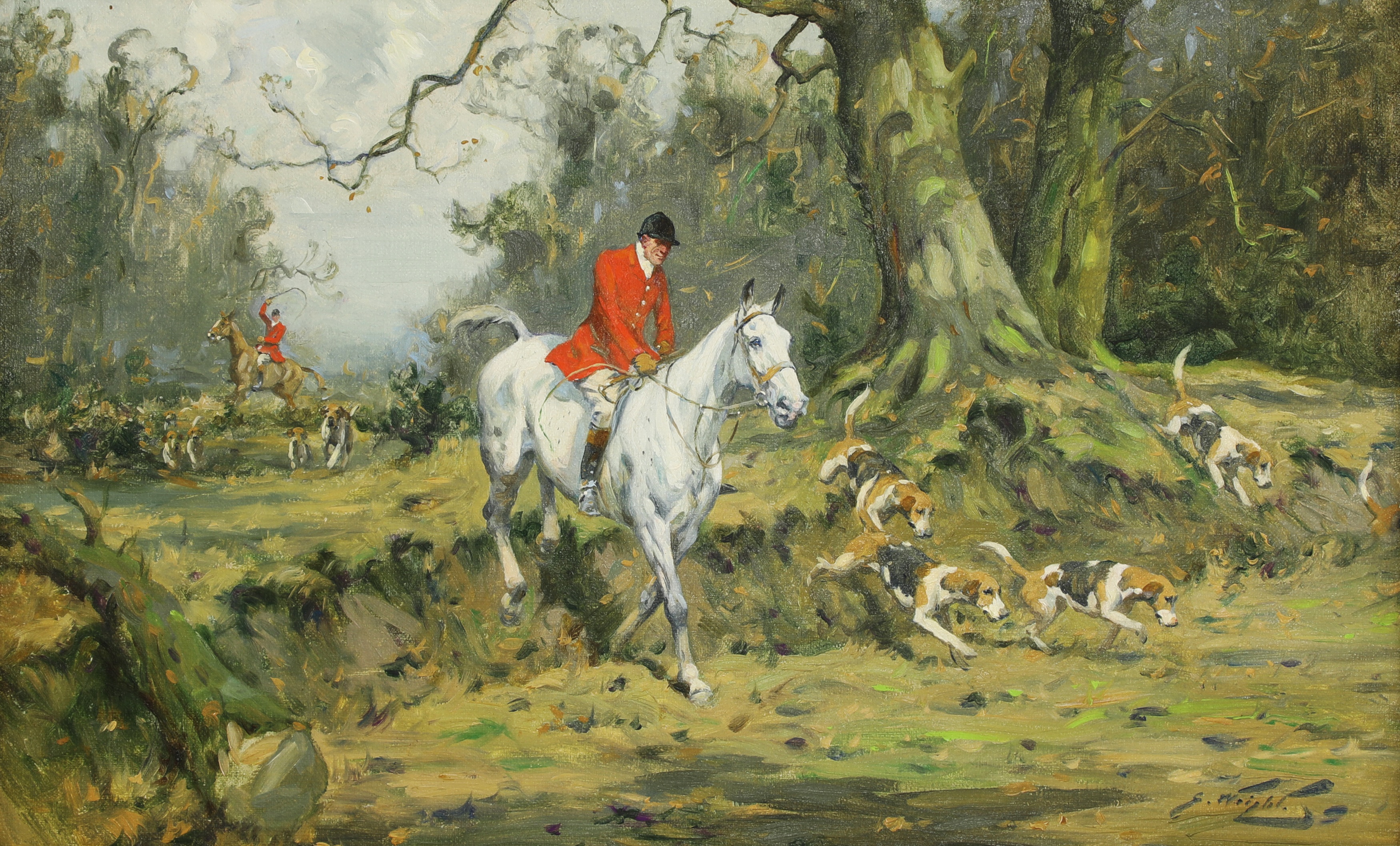 George Wright, 'Drawing cover with huntsman on a grey', olja på duk (detalj). Foto © Sworders