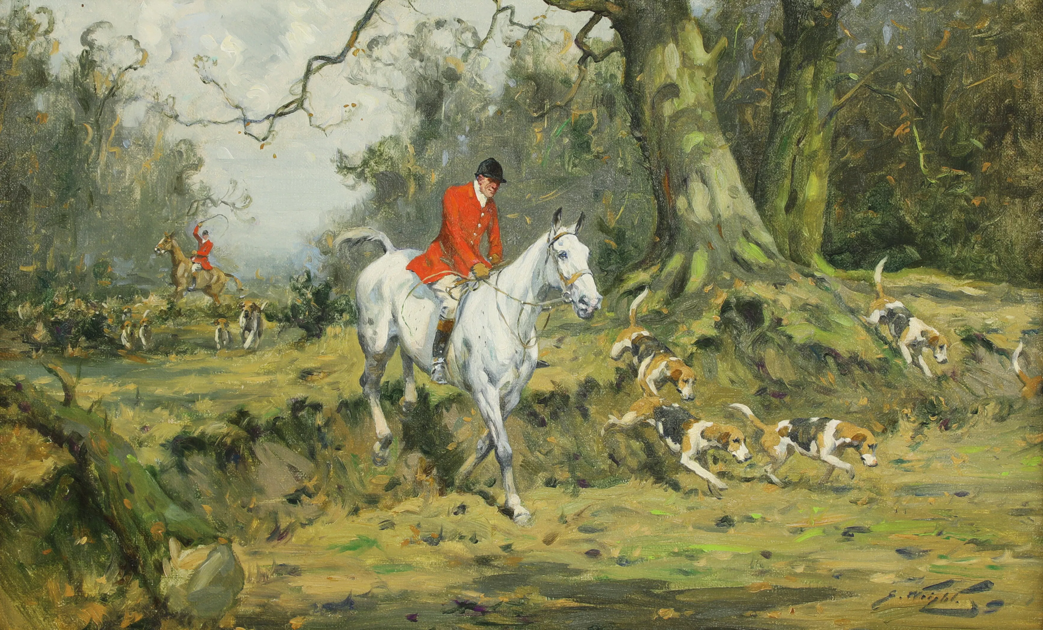 George Wright, 'Drawing cover with huntsman on a grey', oil on canvas (detail). Photo © Sworders