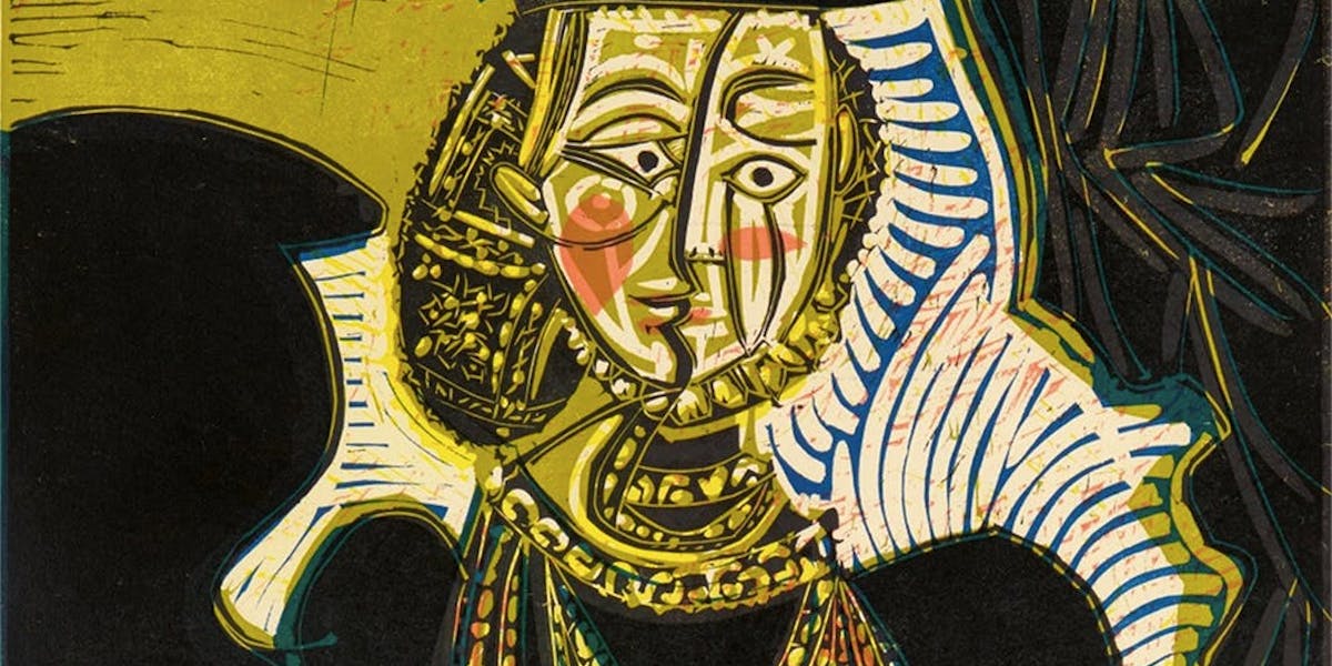 Pablo Picasso (1881 Málaga - 1973 Mougins), Portrait of jeune Fille, d'après Cranach le Jeune. II, original color linocut / wove paper, numbered and signed, 1958 | Photo: © Lempertz (detail)