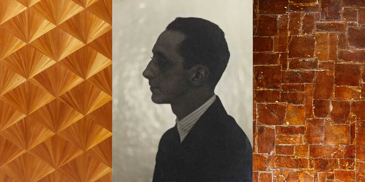 Links: Detail eines Kabinetts von Jean-Michel Frank. Mitte: Jean-Michel Frank, fotografiert von Man Ray 1927. Rechts: Detail eines Tischs von Jean-Michel Frank. Fotos © Christie's