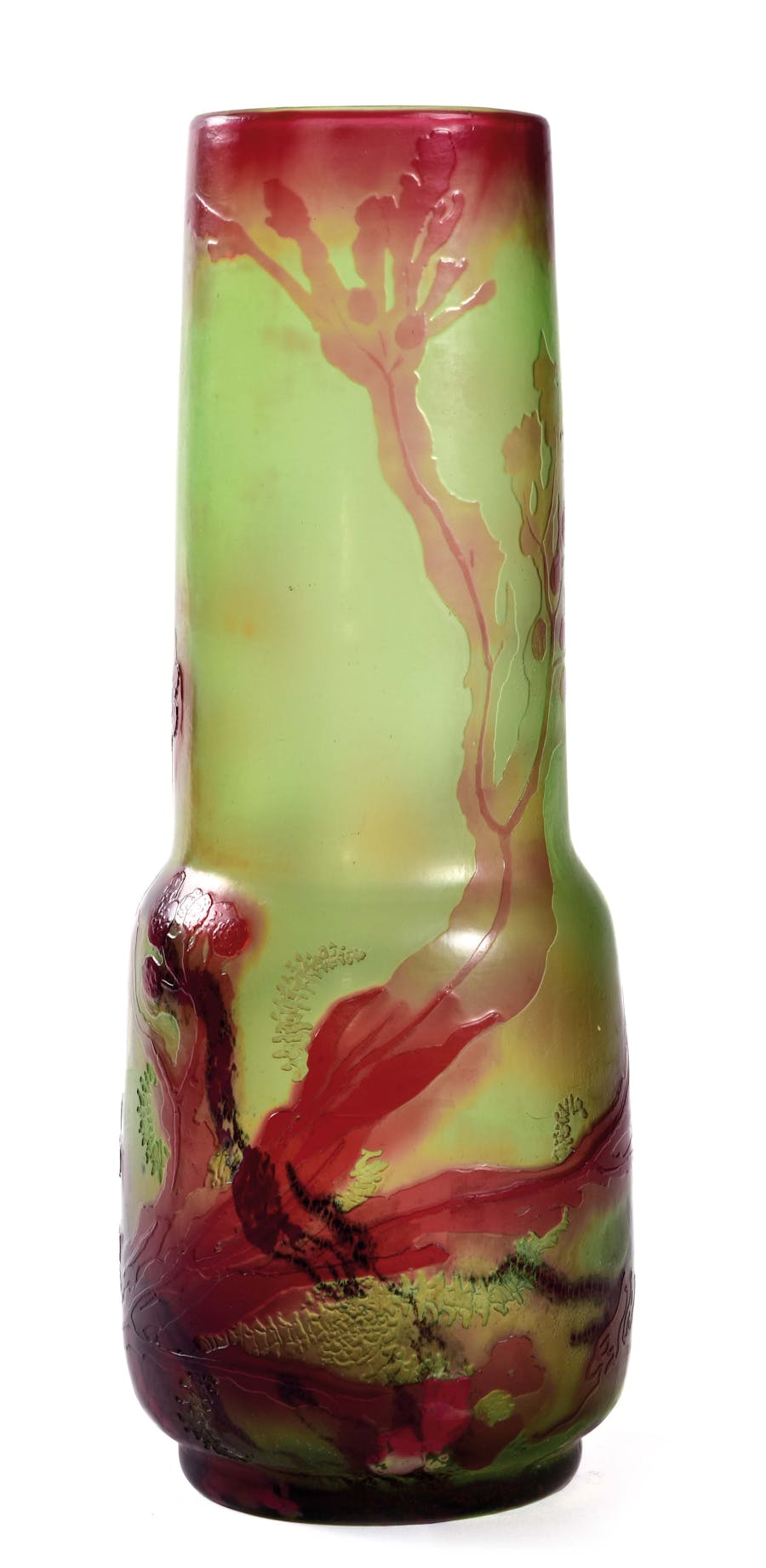  Émile Gallé (1864-1904), ‘Vase with Tubular Neck’, red glass on green powder background with metallic spacers, 30 cm tall. Image: Rossini 
