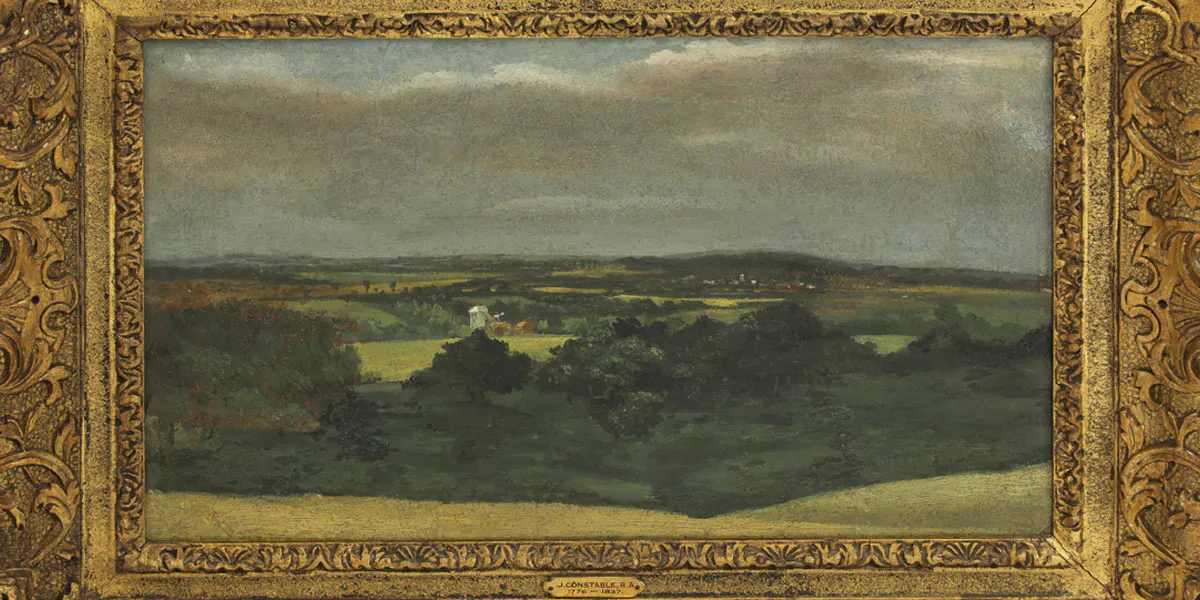 John Constable, ‘Dedham Vale with Brantham Mill and Haystacks’, ca. 1809-10, olio su cartone pressato con cornice di legno dorato intagliato. Foto: Sworders