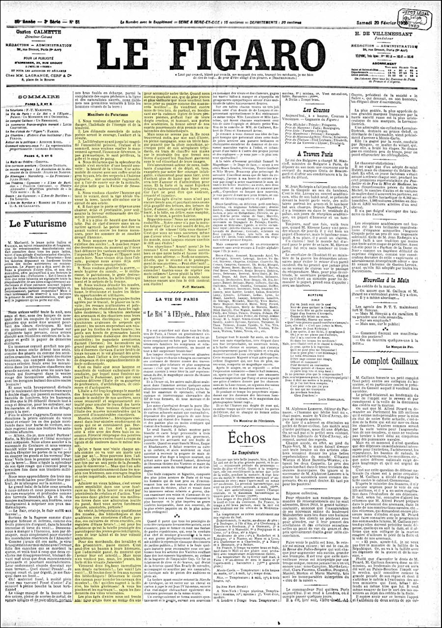 Front page of the French newspaper 'Le Figaro' of 20 February 1909 with the publication of Filippo Tommaso Marinetti's 'Manifesto of Futurism'. Photo in the public domain 