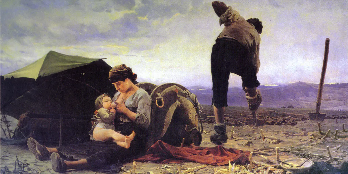 Teofilo Patini  (1840–1906), Vanga e latte, 1883-84, olio su tela, 213 x 372 cm, Roma, Ministero dell'Agricoltura e delle Foreste. Immagine di dominio pubblico (dettaglio)