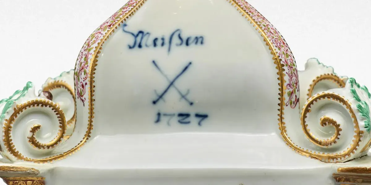 Highly important documented and dated Meissen mantel clock case, 1727, the gilded bronze mounting probably German, mid-18th century, the work signed Barrey à Paris, approx. 1700. Result $1.593 million (estimate $200,000-400,000). Photo © Sotheby's (detail)