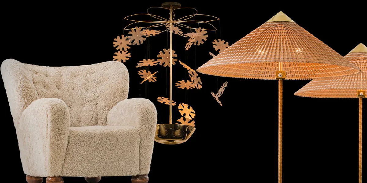 Poltrona di Marta Blomstedt, 'Snowflake'e lampade da terra Paavo Tynell. Foto © Annmaris